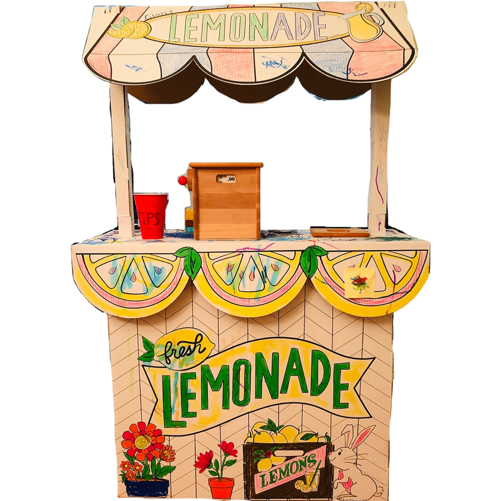 G standing proudly next to his hand-decorated cardboard lemonade stand in the park